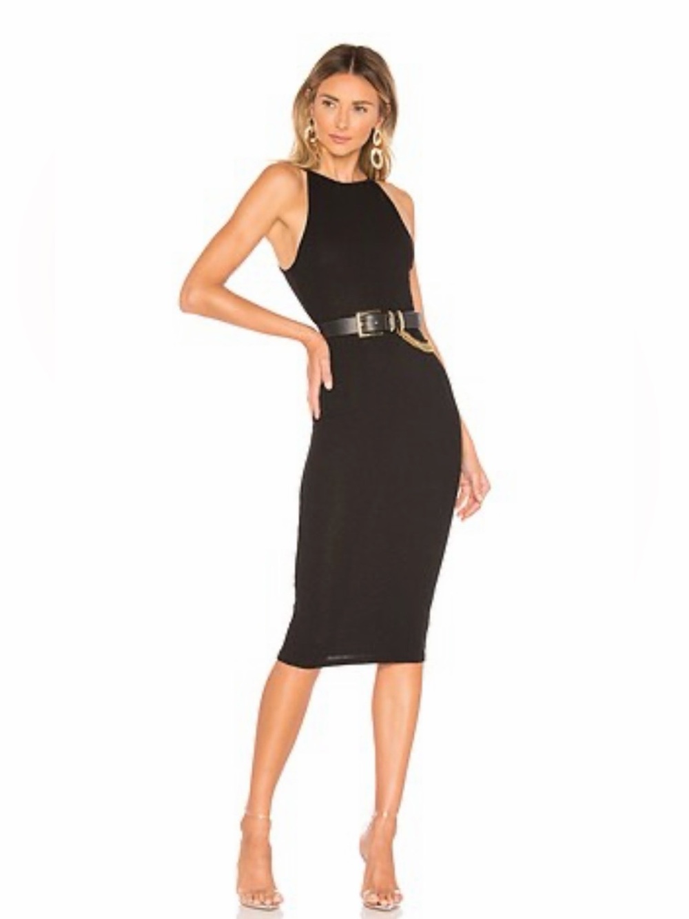 Superdown Katy Ribbed Midi Dress in Black. Size Large.